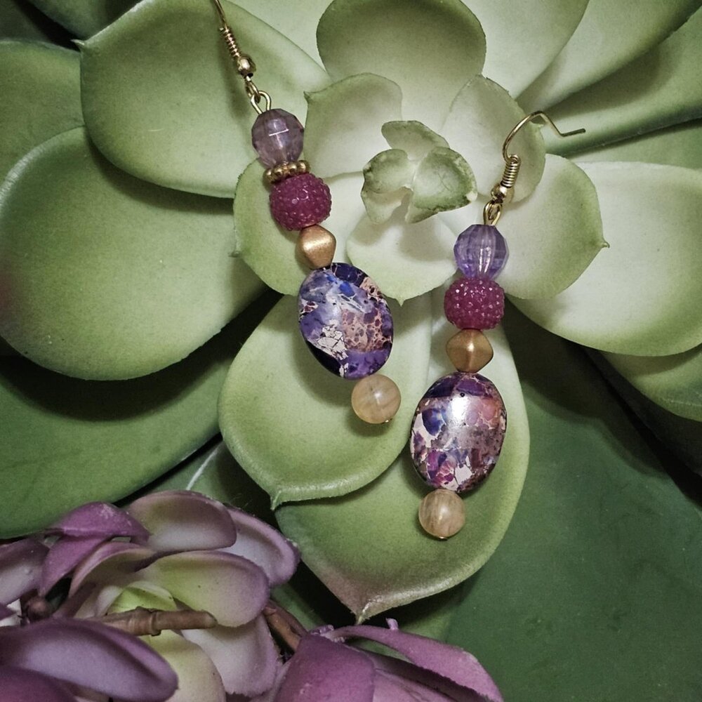 Artisan Necklace Earrings and Bracelet Set Purple Gold Magenta Stone Beads - Picture 14 of 15